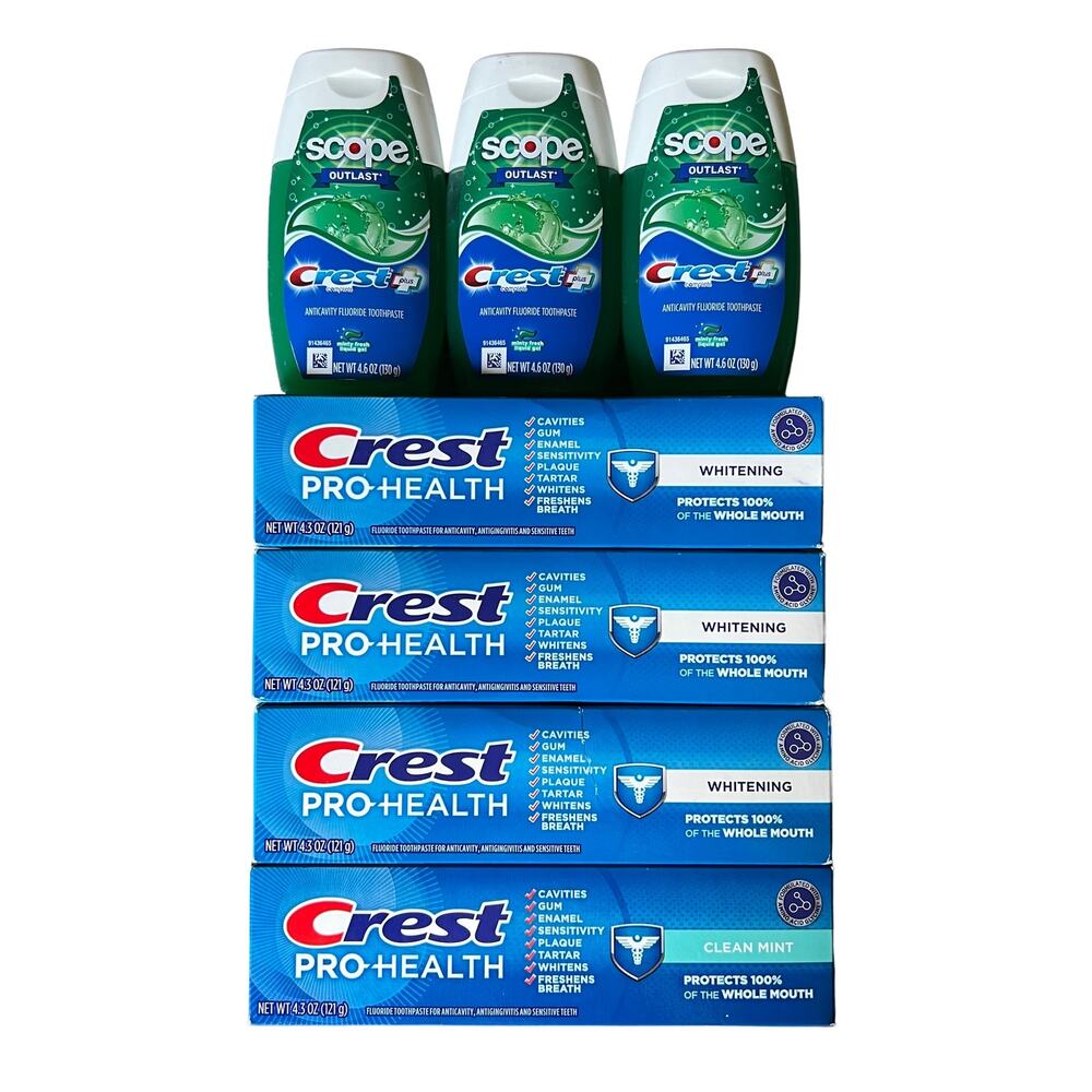 Lot 7 Crest Pro-Health/ Scope Outlast Fluoride Toothpaste, 4.3OZ/4.6OZ